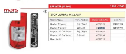 Stop lambası sol-duylu  sprinter  2000-2004  a9018202364 mars m 510925 resmi