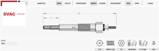 Isıtma bujisi  astra-combo-corsa 1.5 d/1.7d/11v/gj29ıs/  0100226495/ 1214043 svac sv082 resmi
