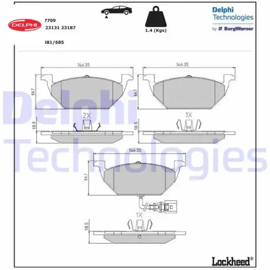 Ön balata fişli küçük golf4-golf5-jetta-bora-polo-a3-leon 97 gdb1386 146x54.7x19.8 delphı 1j0698151g/ 1k0698151f/ 6r0698151a resmi