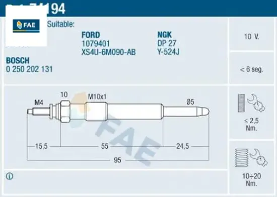 Kızdırma bujisi fıesta ıv-focus-focus ıı-connect-cmax-smax-galaxy-mondeo 1.8 tdci/1.8 d fae xs4u6m090ab / 1079401 resmi