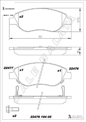On balata egea 15 1.4 1.5 t4 hıbrıt 1.6 d k:19 mm g:151.1 mm büyük tip kale balata 77367923/ 77368553 resmi