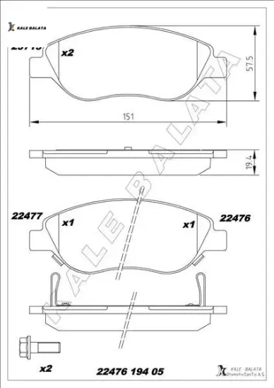 On balata egea 15 1.4 1.5 t4 hıbrıt 1.6 d k:19 mm g:151.1 mm büyük tip kale balata 77367923/ 77368553 resmi