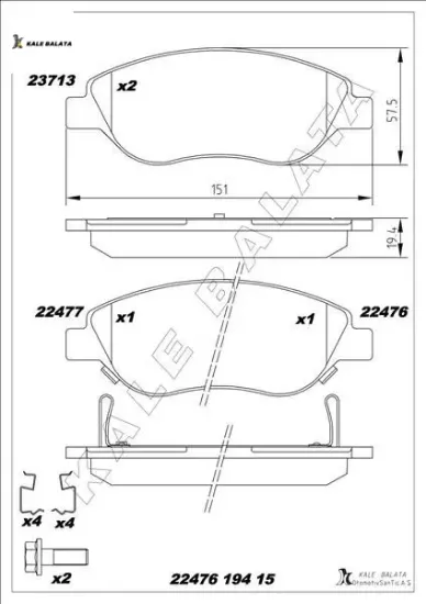 On balata egea 15 1.4 1.5 t4 hıbrıt 1.6 d k:19 mm g:151.1 mm büyük tip 8 adet klips kale balata 77367923/ 77368553 resmi