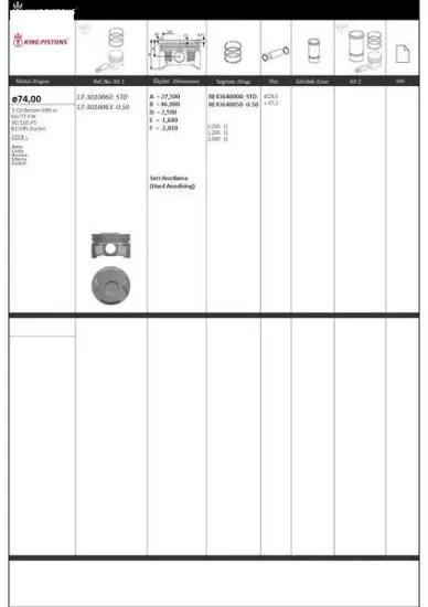 Piston segman riken seg. 0.50 74 050 üst ölçü b10xfl ecotec astra corsa ascona manta kadett 87-73435 kıng 55485624 resmi