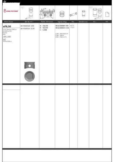 Piston kiti 1 76.5 0.50 golf polo vento/1389 cc aex kıng  resmi