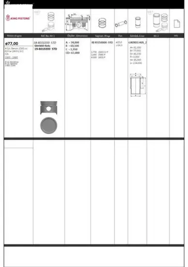 Piston segman 1 riken seg. Std 77  c2l r 11 rainbow r 21 optima 1985-1995 87-71849-std 87-71849-std- kıng 7702086981 resmi