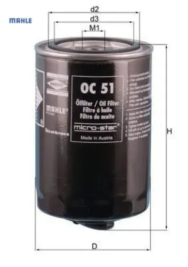 Yağ filtresi caddy 95-04 - golf 83-99 - jetta 80-91 - passat 80-96 - polo 86-99 - lt35 82-96 mahle 068115561a/ 068115561b/ 068115561c resmi