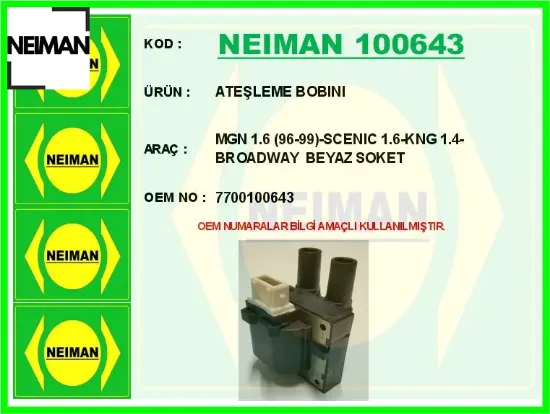 Ateşleme bobını mgn 1.6 96-99 -scenıc 1.6-kng 1.4-broadway beyaz soket neıman 7700100643 resmi