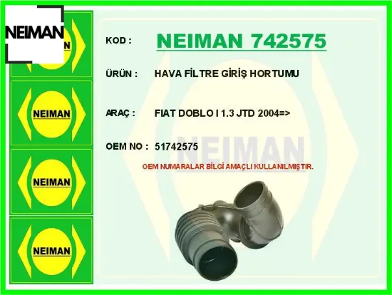 Hava filtre giriş hortumu fıat doblo ı 1.3 jtd 2004 > neıman 51742575 resmi