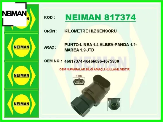 Kilometre hız sensörü punto-lınea 1.4 albea-panda 1.2-marea 1.9 jtd neıman 46817374/ 46466696/ 4675800 resmi