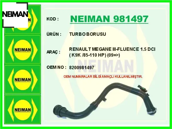 Turbo borusu megane ııı 09> scenıc ııı 09> fluence 09> 1.5dci neıman 8200981497 resmi