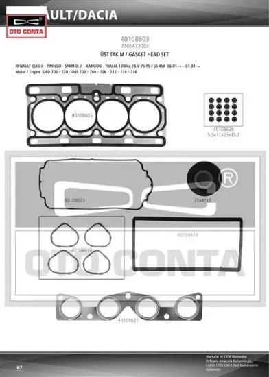 Üst takım conta skc li clıo ıı 98 kangoo 01 twıngo 1.2 16v d4f otoconta 7701473003 resmi