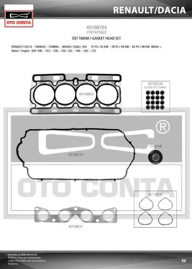 Motor takım conta clıo ıı 01 06 clıo ııı 05 14 clıo ıv 12 symbol ıı 08 14 logan 04 sandero 08 1.2 16 otoconta 7701475822 resmi