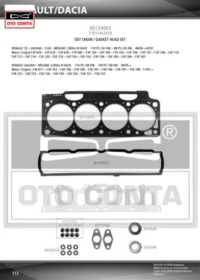 Üst takım conta clıo ı 91 1.8 laguna-megane ı 95 1.8-2.0 f3p 710/f3p 714 keçeli skc std subap lastik otoconta 7701467058 resmi