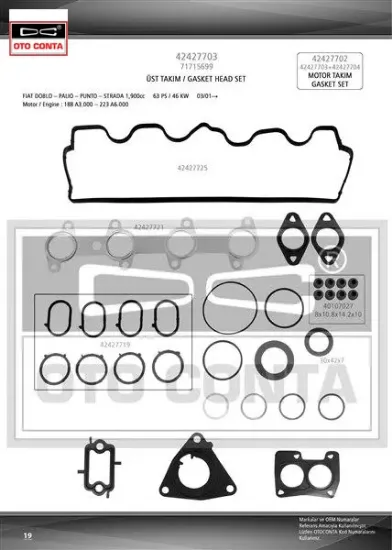 Üst takım contası doblo 1.9 dizel keçeli skc siz subap lastikli otoconta 71715699 resmi