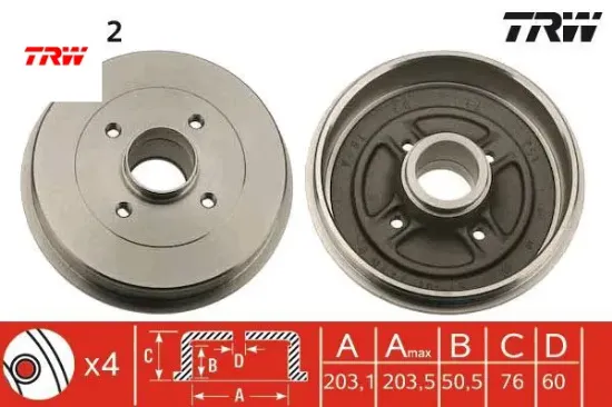 Fren kampanası arka renault kangoo 97> - 203.3 / 50.5 mm trw 7700304984/ 4320000qag resmi