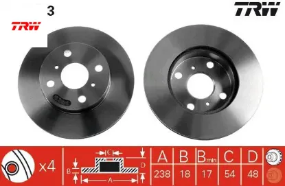 Ön fren diski hava kanallı corolla 1.3l 2e ee90. Ee100 88-98 1.6l 4a-f ae92 88-91 238 çap x 4 bijon trw 4351212330/ 4351212290/ 4351212310 resmi