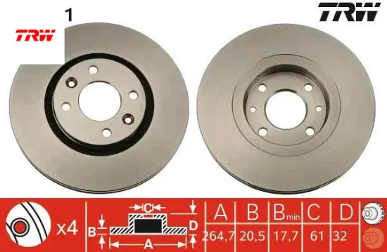 Ön fren aynası r21 89>94 2.0ie 2.1 d turbo 264.5x20.5x4delik trw 7700764193/ 7701467955 resmi