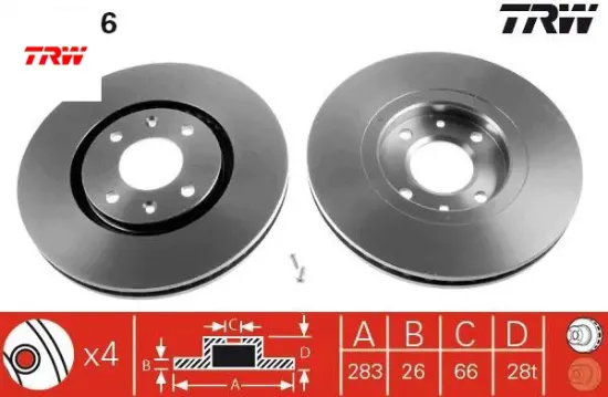 Ön fren aynası 406 1.9td-2.0 16v-2.1td-2.2 hdi-3.0v6 95/5.04 xantıa 2.0i 95/4.03 283x26x4dlxhavalı trw 4246.N0/ 4246.R7/ 4246.L8/ 4249.J1 resmi
