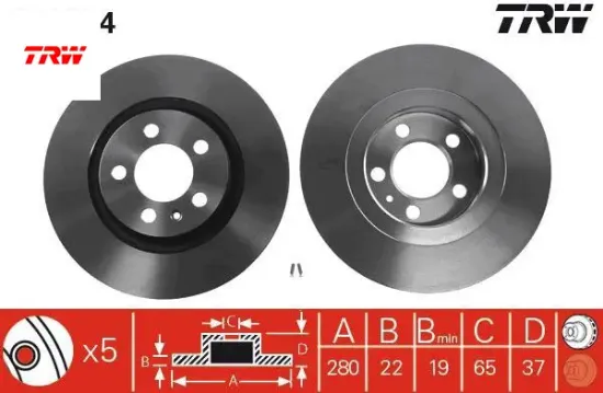 Ön fren aynası golf ıv 97-06 bora 98-05 octavıa 99>toledo ıı-leon 99-06 a3 99> 280x22x5dlxhavalı trw 1j0615301m/ 1j0615301e/ 1j0615301p resmi