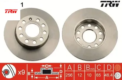 Arka fren aynası caddy ııı-golf-v-vı-plus-jetta ııı-altea 04>a3 03>toledo ııı-octavıa 04> 256x12x9dl trw 1k0615601l/ 1k0615601ac resmi