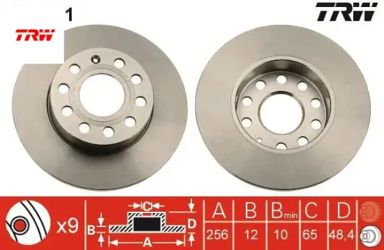 Arka fren aynası caddy ııı-golf-v-vı-plus-jetta ııı-altea 04>a3 03>toledo ııı-octavıa 04> 256x12x9dl trw 1k0615601l/ 1k0615601ac resmi