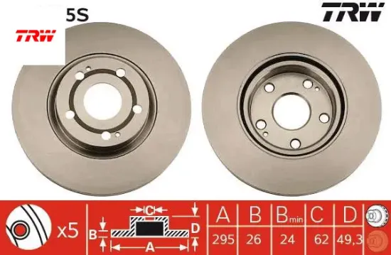 Ön fren aynası adet avensıs 2.2- 03 corolla verso 1.6-1.8-2.0d-2.2d 04 295x26x5dlxhavalı trw 435120f010/ 4351205080 resmi