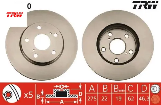 Ön fren diski hava kanallı aurıs corolla 1.6l 1zr-fe benzinli zre151 07-12 / 1.33l 1nr-fe nre150 6 v trw 4351212670 resmi