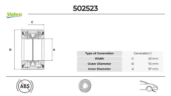 Ön teker rulmanı abs siz p106-p206-p306-c2-c3-saxo-xsara 37x72x33 valeo 3350.32/ 9628670080 resmi