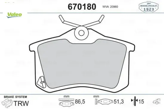 Arka fren balata renault clıo 05 kangoo 01 laguna 96 fluence 09 megane 96 cıtroen berlıngo 99 c2 c3 valeo 1h0698451f/ 4250.56/ wva20960 resmi