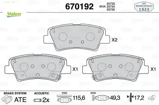 Arka fren balatası 500x 14 renegade 14 compass 20 tonale 22 1.3d mtj 1.3tb 1.4 1.6d mtj 1.6e-torq 2. Valeo 77367145/ 77367417/ 77369350 resmi