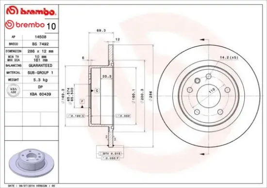 Arka fren aynası omega b 2.0 24v 2.2 2.5td 3.0 v6 94/7.03 286mm 285.8x12x5dlxhavalı brembo 569121/ 569208 resmi