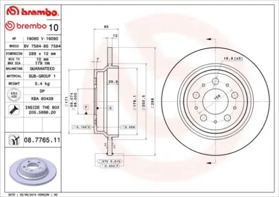 Arka fren aynası s60 01-10 s70 01-05 s80 98-06 xc70 00-07 288x12x5dl delykly 986478495-df4066 brembo 9434167/ 94341674/ 94341670 resmi
