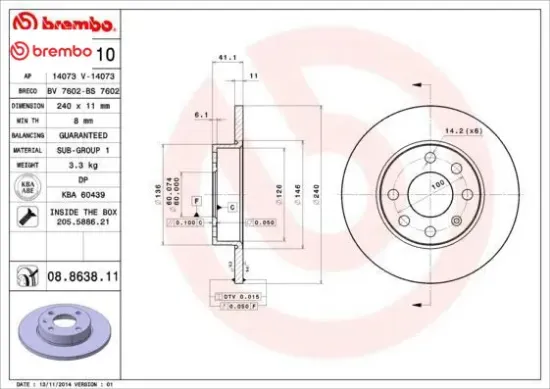 Ön fren aynası corsa c 1.0-1.2 16v 01 11 240x11x4dl dolu brembo 569020/ 9195981/ 9127965 resmi