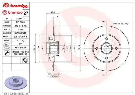 Arka fren aynası poryalı-rulmanlı crossland-c3-c3aırcross-c4-307-208-207-2008 13 249x9x4dl dolu-sağu brembo 4249.19/ 3648487/ 4249.32 resmi