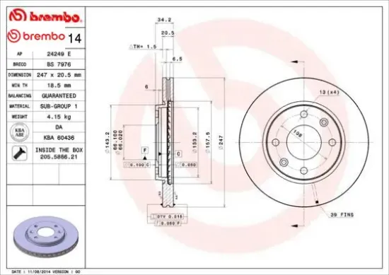 Ön fren aynası 106 ı-ıı 91-02 206 98 306 93-01 saxo 96-03 xsara 97-00 247.5x20.4x4dlxhavalı brembo 4246.A7/ 4246.94/ 4249.96/ 95661747 resmi