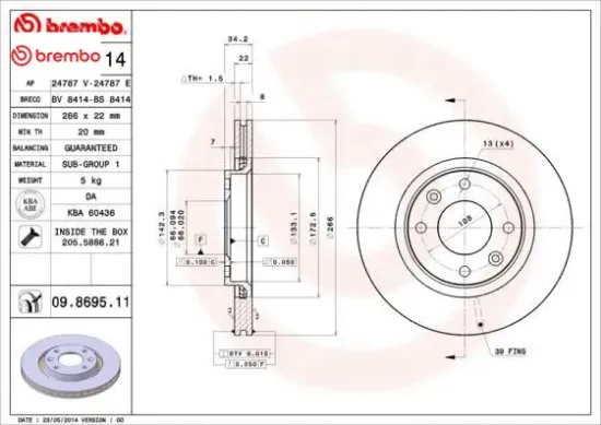 Ön fren aynası corsa f-301-307-206-207-partner-berlıngo-c-elysee-c2-c3 02 c5-c4 266x22x4dlxhavalı cr brembo 3556159/ 1629058880/ 1647868480 resmi