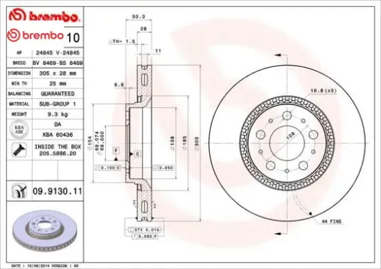 Ön fren aynası s60 00-10 s80 98-06 v70 97-07 xc70 00-07 305x25x5dlx büyük tip delikli -986478494-df4 brembo 274170/ 274559/ 31262707/ 31262716 resmi
