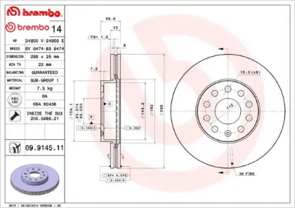 Ön fren aynası golf v-vı-jetta ııı-caddy ııı-octavıa-altea-a3 03 1.4-1.6.1.9-2.0 288x25x9dlxhavalı brembo 1k0615301t/ 5c0615301a resmi