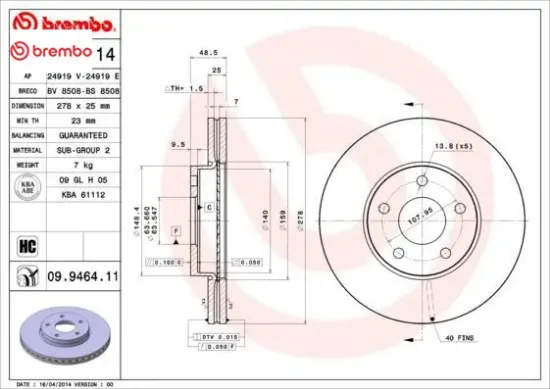 On fren aynası dısk focus ııı 11 focus ıı 04 11 c max 03 07 c30 06 12 c70 ıı 06 13 s40 ıı 04 12 v50 brembo av611125bb/ 7m511125bb/ 1520297 resmi