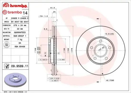 On fren dısk aynası connect 1.8tdcı 02 13 abs lı 278x24x5dl havalı brembo 2t141125cc/ 1361298/ 1361300 resmi
