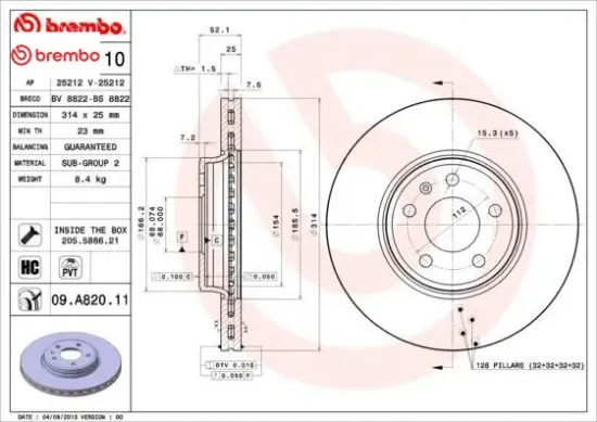 Ön fren aynası havalı a4 8ec 2.0 tdı 06- a4 8k2 a4 avant 8k5 1.8 tfsı/1.8 tfsı quattro/2.0 tfsı/2.0 brembo 8k0615301 resmi