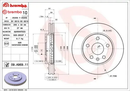 Ön fren aynası ınsıgnıa a 08 9-5 ys3g 10 16 jant 296x30x5dlxhavalı 13501307-569063 brembo 13579147/ 569078/ 13502213/ 569421 resmi