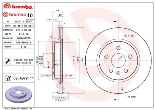 Arka fren aynası ınsıgnıa a 08 9-5 ys3g 10 17 jant-18 jant 315x22.9x5dlxhavalı brembo 13502199/ 569128/ 13501303/ 569062 resmi