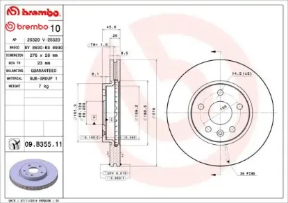 Ön fren aynası astra j 10 cruze 09 aveo 11 276x26x5dl 15 inç havalı 95526655 brembo 13502044/ 13502045/ 569069/ 569073 resmi