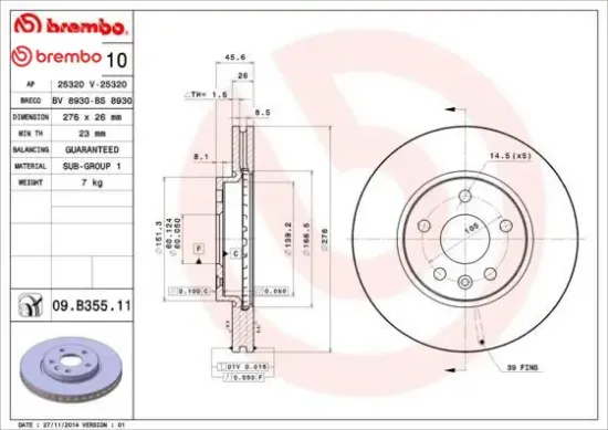 Ön fren aynası astra j 10 cruze 09 aveo 11 276x26x5dl 15 inç havalı 95526655 brembo 13502044/ 13502045/ 569069/ 569073 resmi