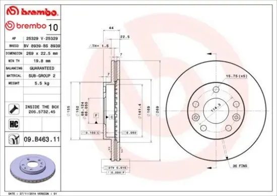 On fren dıskı duster ı 10 18 duster ıı 18 megane ıv 15 dış çap: 269mm dıskı kalınlığı: 22.5mm 5 deli brembo 402061715r/ 402066300r/ 8660002096 resmi