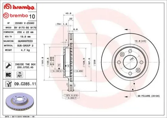 Ön fren aynası clıo ıv 12> clıo v 19> symbol ııı 14> logan ıı 12> 258x22.2 4 delik havalandırmalı brembo 402066839r/ 402063149r/ 402062212r resmi