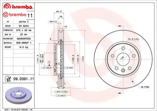 Ön fren aynası astra k 15 15 inç / 5 delik 276x26x5dl havalı brembo 13515906/ 13597459/ 13597460 resmi