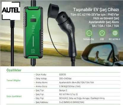 3.5 kw taşınabilir şarj cihazı autel  resmi